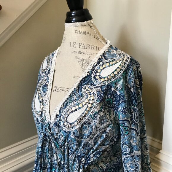 Miss June Kiara Mini Dress Womens Small Medium Blue White Paisley V-Neck Tassels - Picture 6 of 11